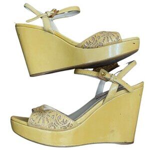 Prada Cutout Patent Leather Wedge Sandals - Size 36.5